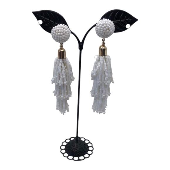 Panacea NIP White Iridescent Glass Beads And Silk Threads Tassel Earrings - Picture 12 of 12
